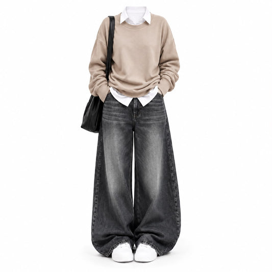 Beige Sweatshirt With White Button Down &  Black Vintage Jeans