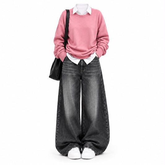Pink Sweatshirt With White Button Down &  Black Vintage Jeans