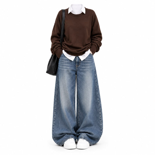 Brown  Sweatshirt With White Button Down &  Mid Blue Vintage Jeans