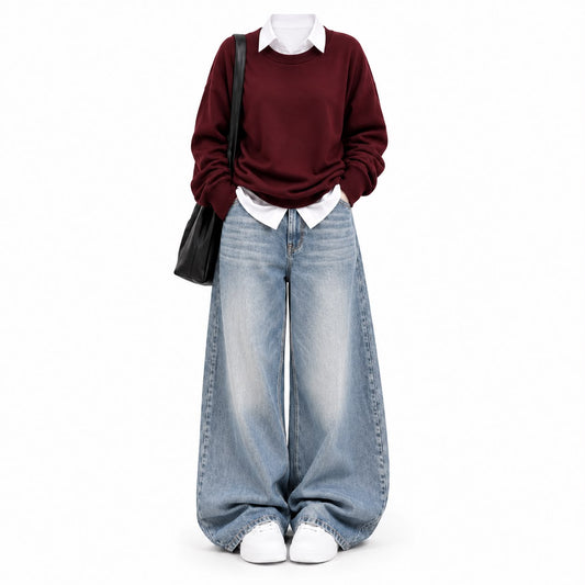 Maroon Sweatshirt With White Button Down &  Ice Blue Vintage Jeans