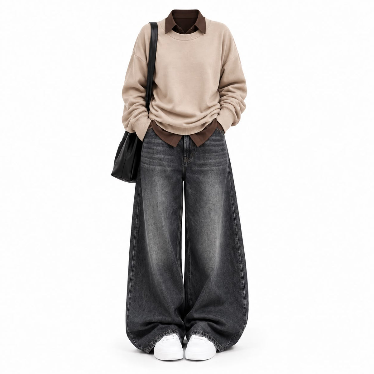 Beige Sweatshirt With Brown Button Down &  Black Vintage Jeans