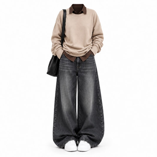 Beige Sweatshirt With Brown Button Down &  Black Vintage Jeans