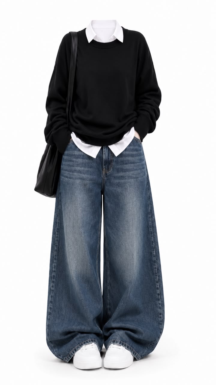 Black Sweatshirt With White Button Down &  Mid Light Blue Vintage Jeans