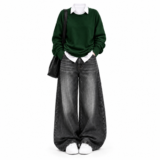 Bottle Green Sweatshirt With White Button Down &  Black Vintage Jeans