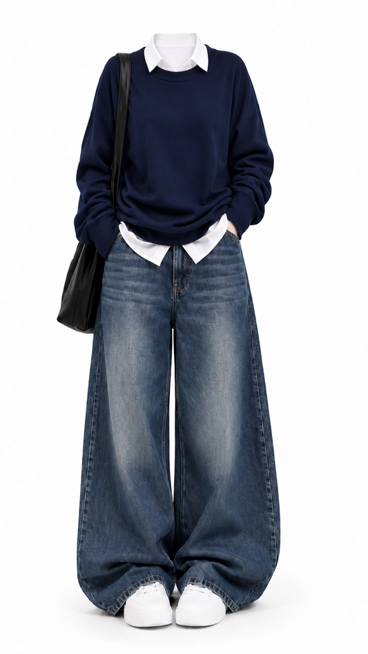 Navy Blue  Sweatshirt With White Button Down &  Mid Blue Vintage Jeans
