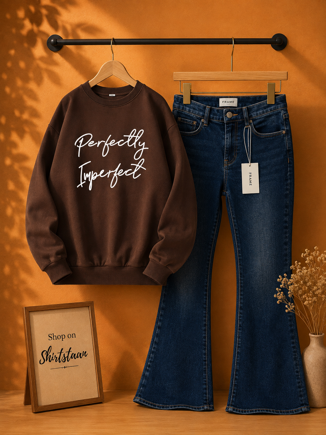 MID BLUE BELL BOTTOM JEANS WITH BROWN SWEATSHIRT PERFECTLY IMPERFECT