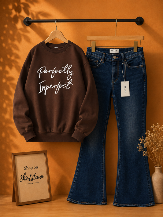 MID BLUE BELL BOTTOM JEANS WITH BROWN SWEATSHIRT PERFECTLY IMPERFECT