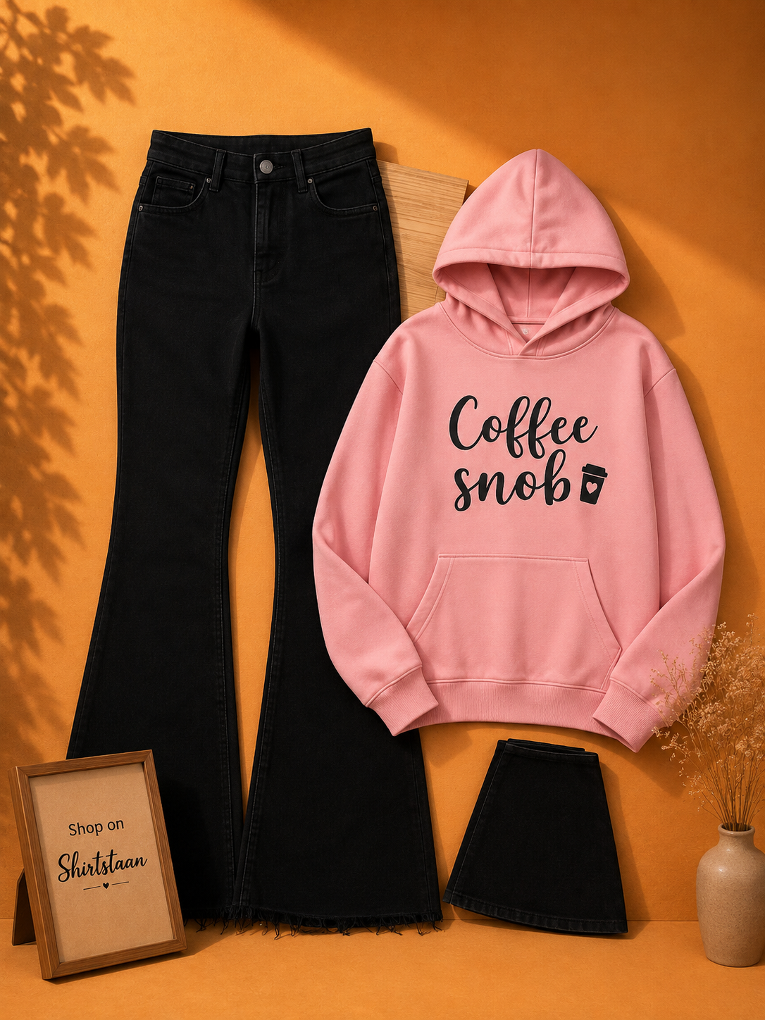 BLACK BELL BOTTOM JEANS WITH PINK HOOD COFFEE SNOB