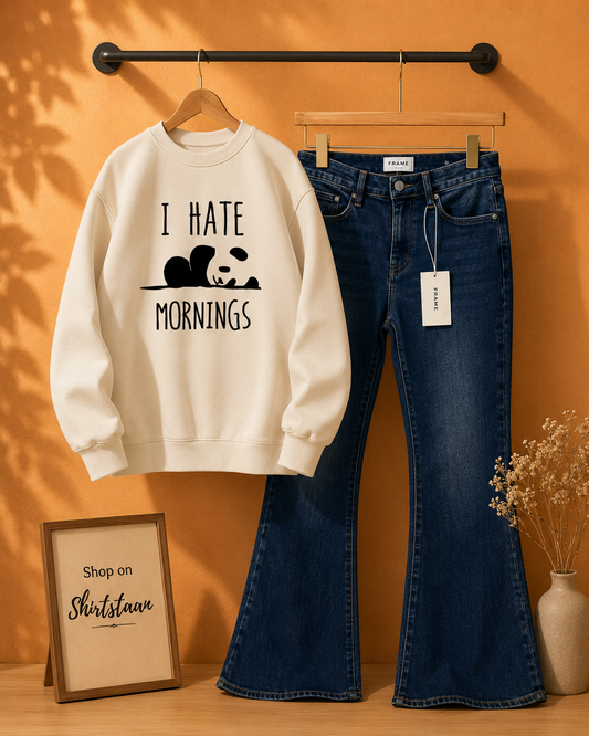 MID BLUE BELL BOTTOM JEANS WITH CREAM SWEATSHIRT I HATE MORNING
