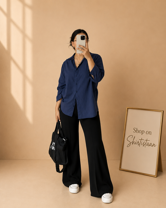 NAVY BLUE BUTTON DOWN SHIRT WITH BLACK WIDE LEG JEANS
