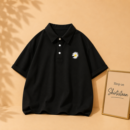 BLACK POLO SHIRT WITH SUNFLOWER POCKET