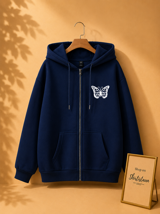NAVY BLUE ZIPPER HOOD POCKET BUTTERFLY