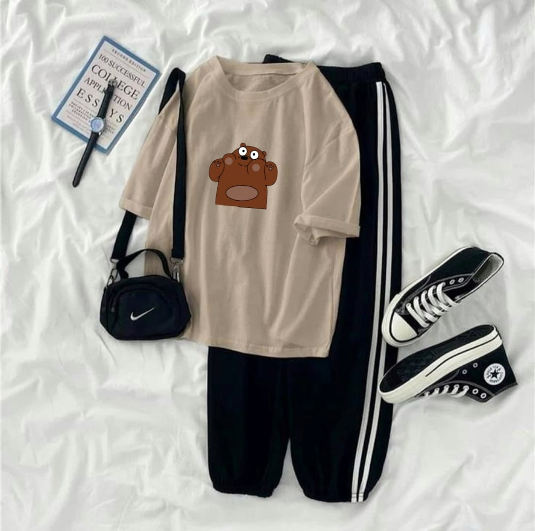 CREAM TSHIRT WITH BROWN BEAR WITH 3 STRIPE TROUSER