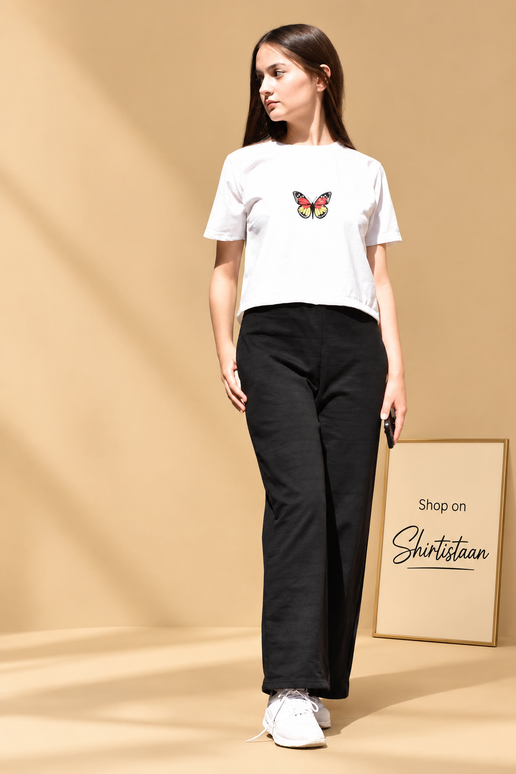 White Crop Tee Yellow Butterfly With Black Flapper