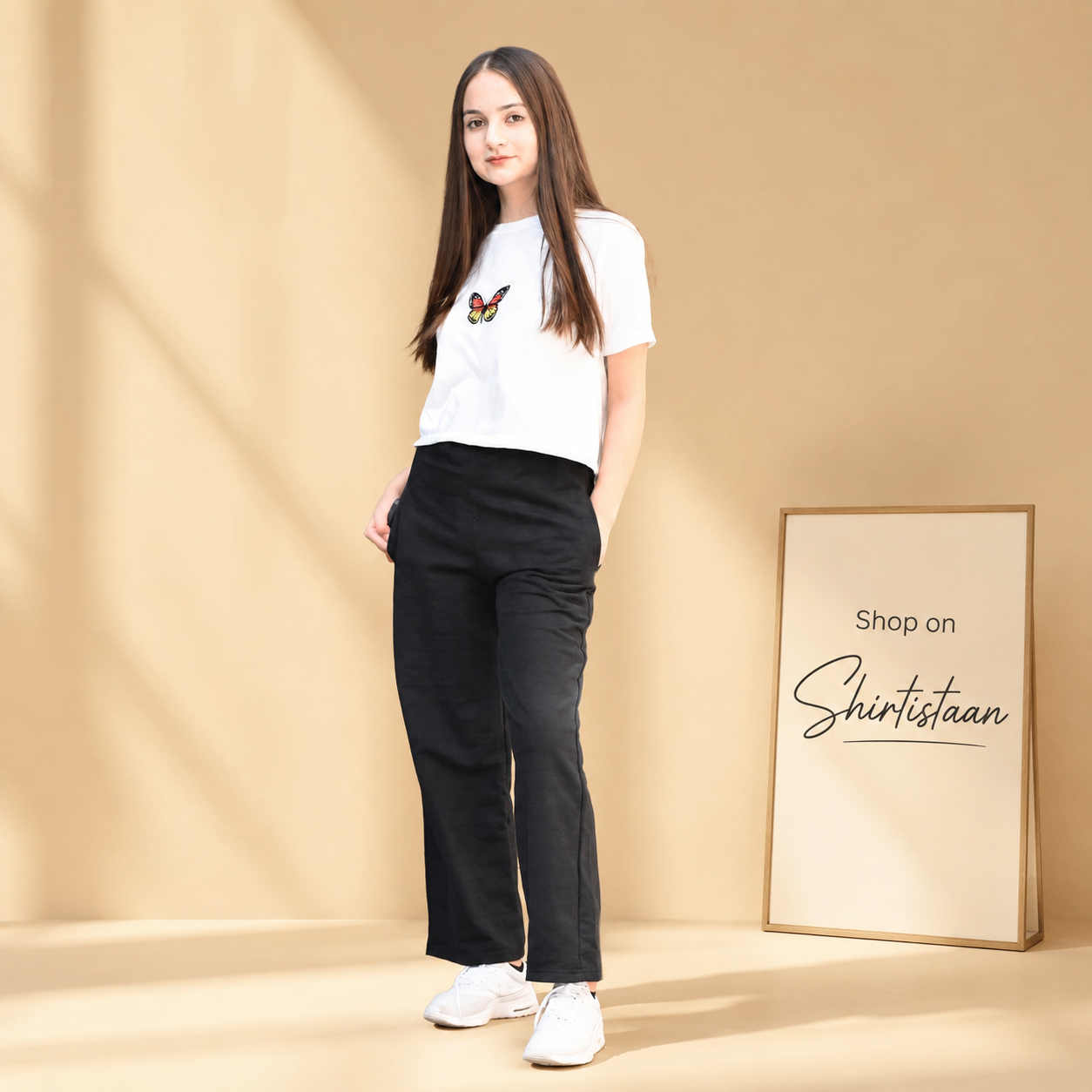 White Crop Tee Yellow Butterfly With Black Flapper