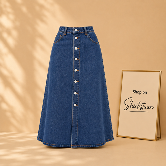 Mid Blue Denim Button  Skirt
