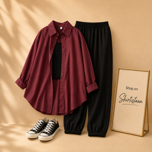 MAROON BUTTON DOWN SHIRT WITH BLACK INNER TEE