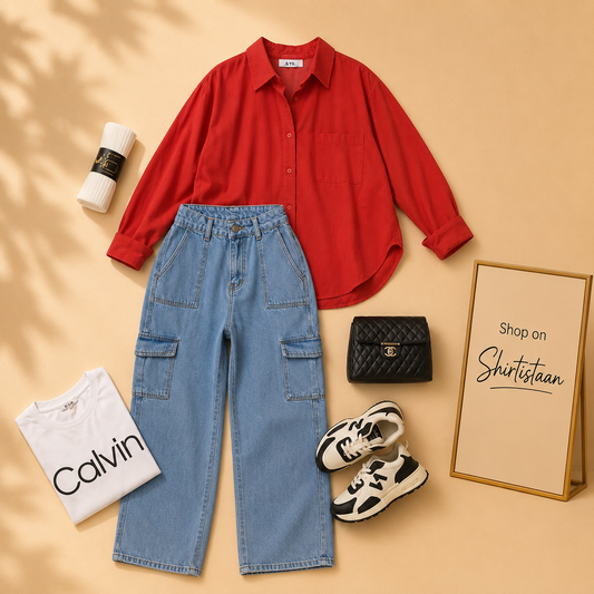 MAROON BUTTON DOWN SHIRT WITH SKY BLUE CARGO JEANS