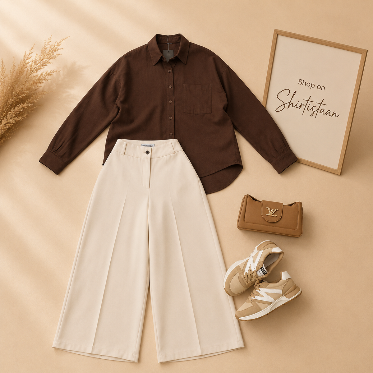 BROWN BUTTON DOWN SHIRT WITH BEIGE WIDE LEG JEANS