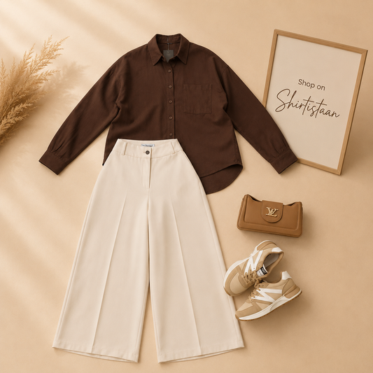 BROWN BUTTON DOWN SHIRT WITH BEIGE WIDE LEG JEANS