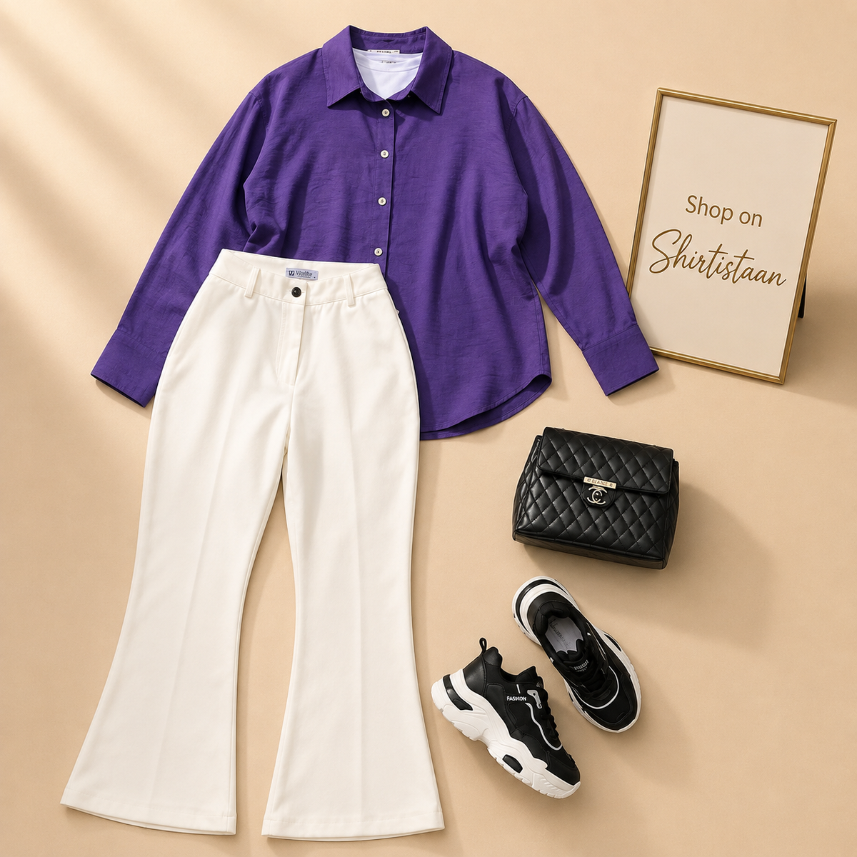PURPLE BUTTON DOWN SHIRT WITH WHITE BELL BOTTOM JEANS