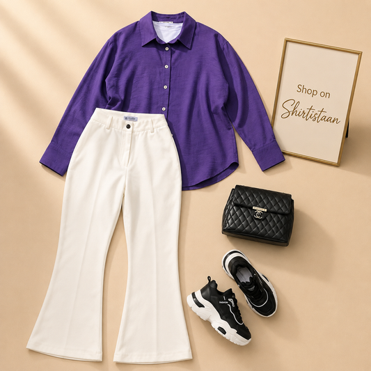 PURPLE BUTTON DOWN SHIRT WITH WHITE BELL BOTTOM JEANS