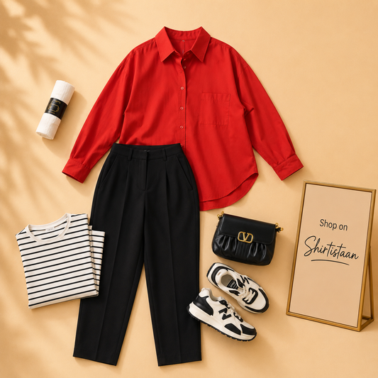 RED BUTTON DOWN SHIRT WITH BLACK FORMAL JEANS