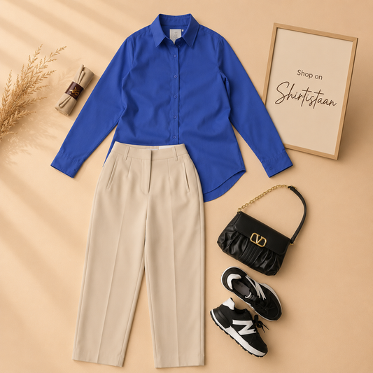 ROYAL BLUE BUTTON DOWN SHIRT WITH BEIGE FORMAL JEANS