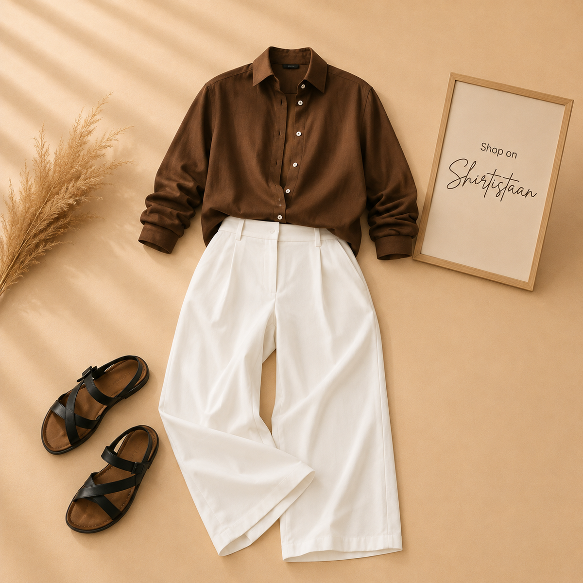 BROWN BUTTON DOWN SHIRT WITH WHITE WIDE LEG JEANS