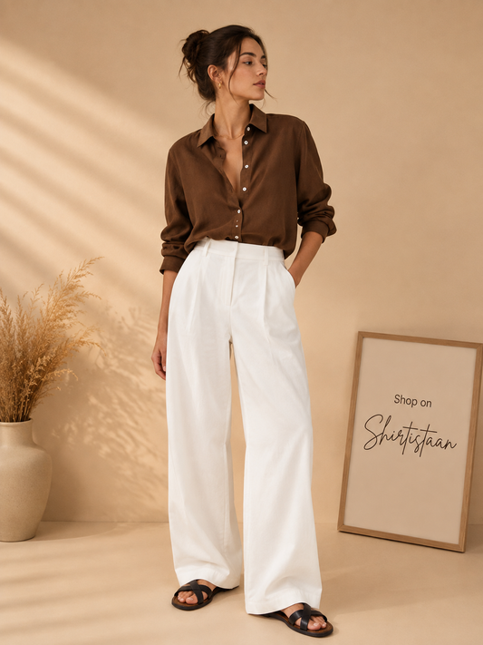 BROWN BUTTON DOWN SHIRT WITH WHITE WIDE LEG JEANS