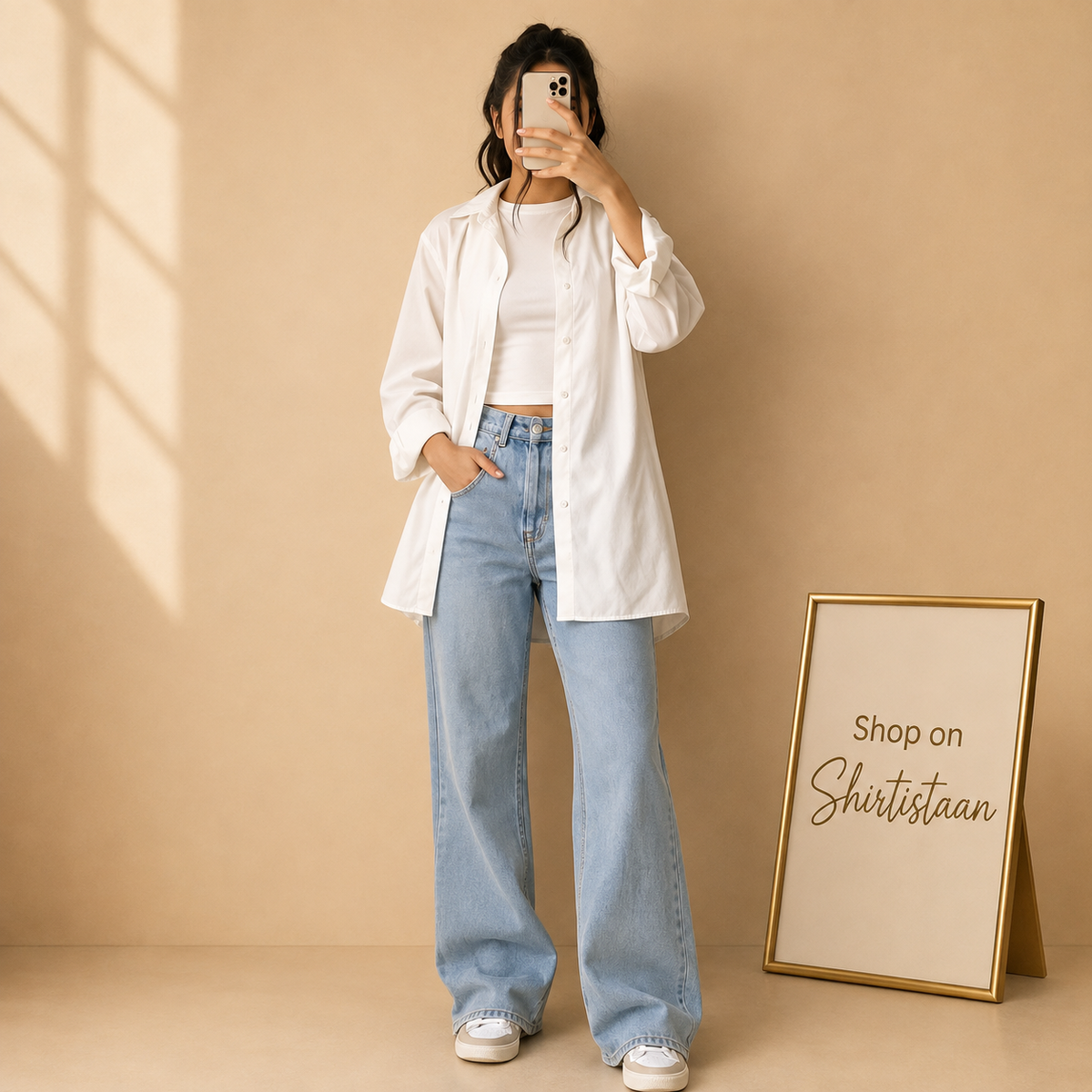 WHITE BUTTON DOWN SHIRT WITH TANKTOP AND SKY BLUE WIDE LEG JEANS
