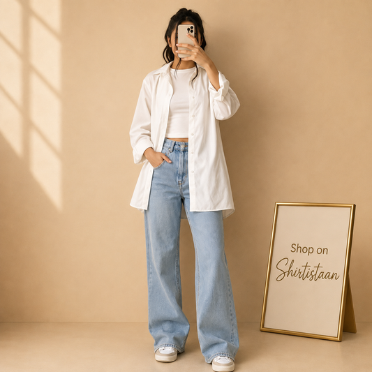 WHITE BUTTON DOWN SHIRT WITH TANKTOP AND SKY BLUE WIDE LEG JEANS