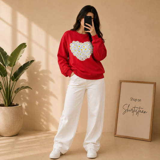 RED SWEATSHIRT DAISY HEART