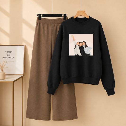 BLACK SWEATSHIRT THREE GRILS WITH BROWN FLAPPER