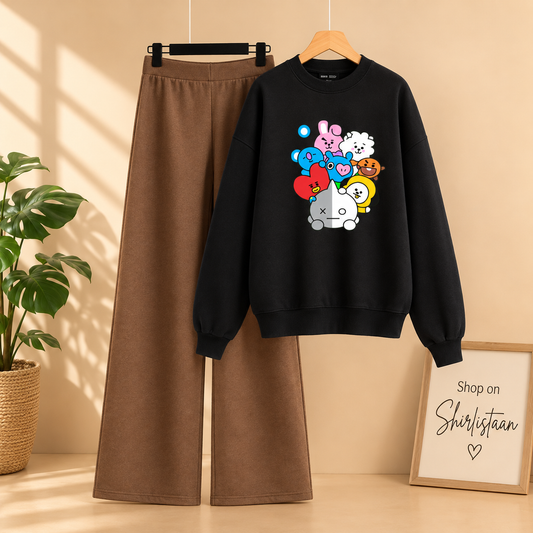 BLACK SWEATSHIRT BT21 WITH BROWN FLAPPER