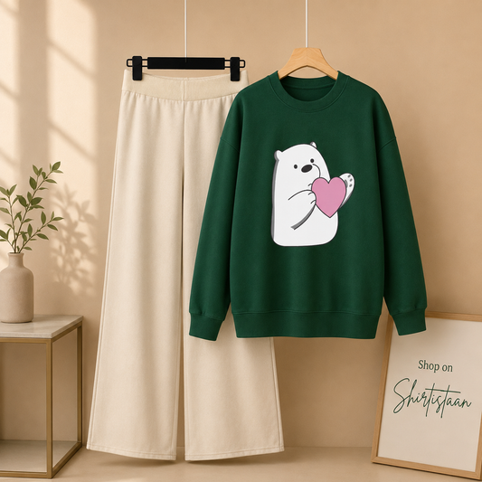 BOTTLE GREEN SWEATSHIRT BEAR HEART WITH BEIGE FLAPPER