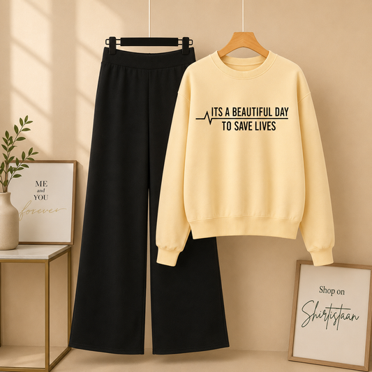 CREAM SWEATSHIRT ITS A BEAUTIFUL DAY WITH BLACK FLAPPER