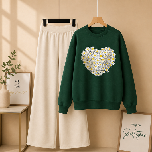 BOTTLE GREEN SWEATSHIRT DAISY HEART WITH BEIGE FLAPPER