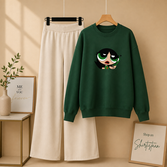 BOTTLE GREEN SWEATSHIRT GREEN POWERPUFF WITH BEIGE FLAPPER
