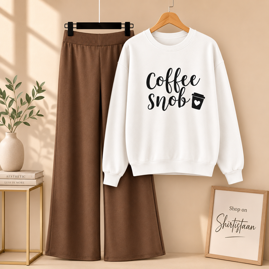 WHITE SWEATSHIRT COFFEE SNOB WITH BROWN FLAPPER