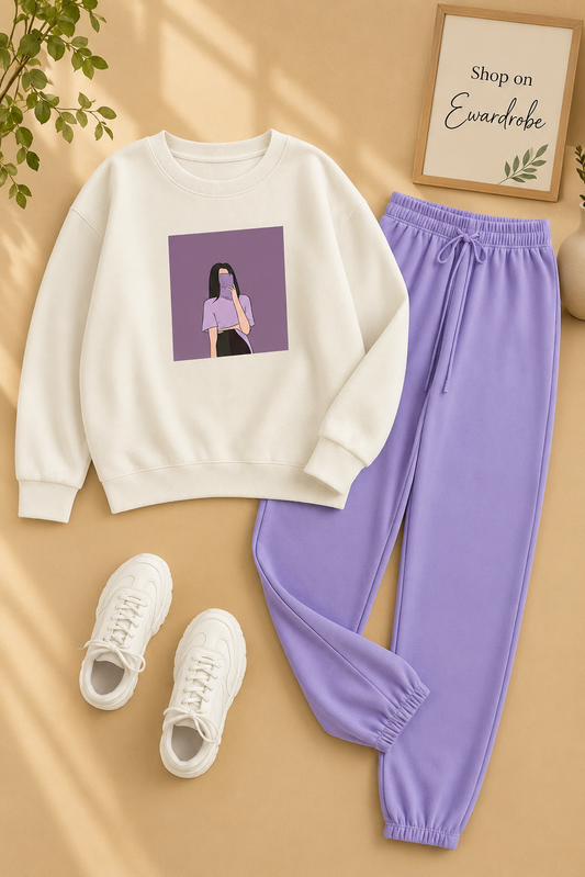 PURPLE BACKGROUND GIRL WHITE SWEATSHIRT WITH LILAC SWEATPANTS