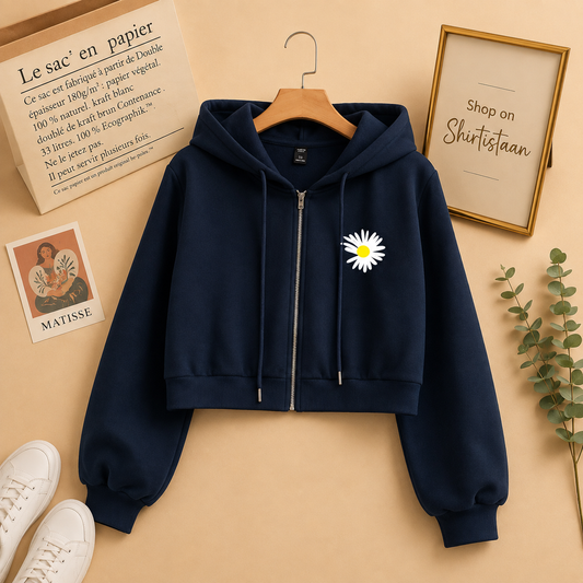 NAVY BLUE CROP ZIPPER HOOD SUNFLOWER ON POCKET