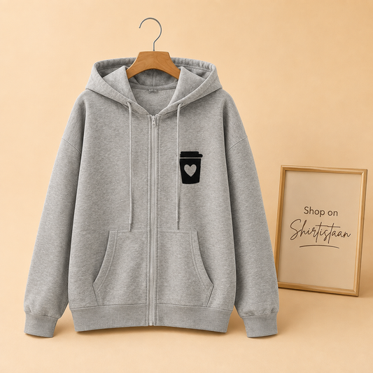 GREY ZIPPER HOOD COFFEE CUP ON POCKET