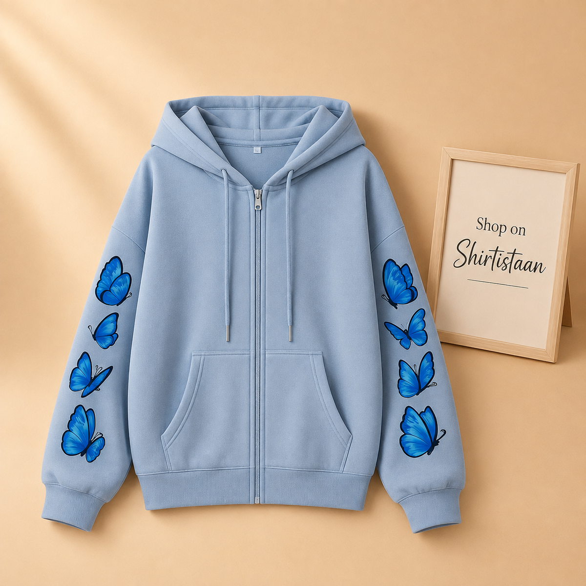SKY BLUE ZIPPER HOOD BLUE BUTTERFLY LINE ON SLEEVES