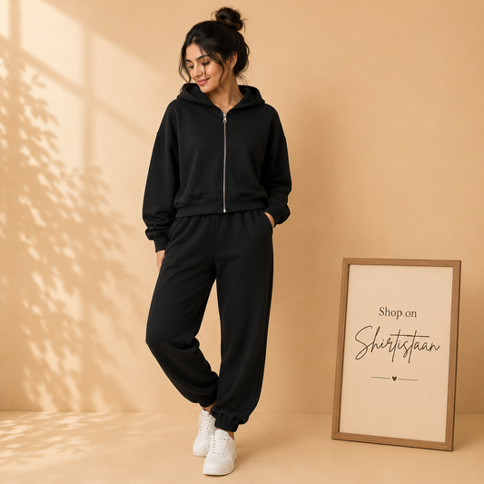 BASIC BLACK ZIPPER HOOD WITH BLACK SWEATPANTS