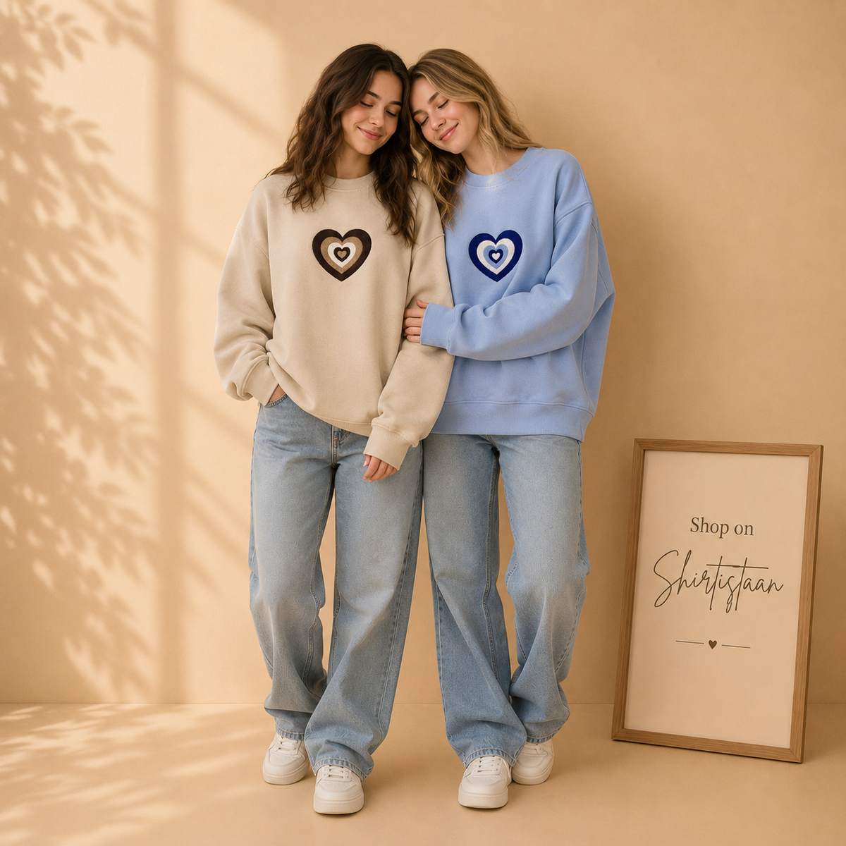 BEIGE AND SKY BLUE NESTED HEART SWEATSHIRT