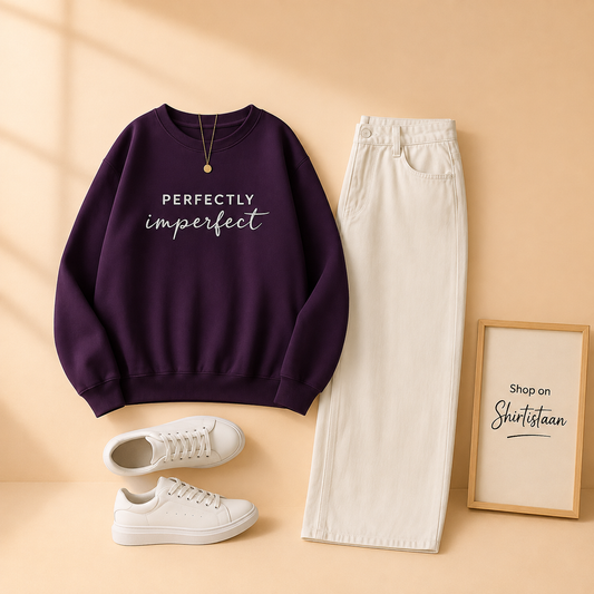 PURPLE SWEATSHIRT PERFECTLY IMPERFECT WITH WHITE WIDE LEG JEANS
