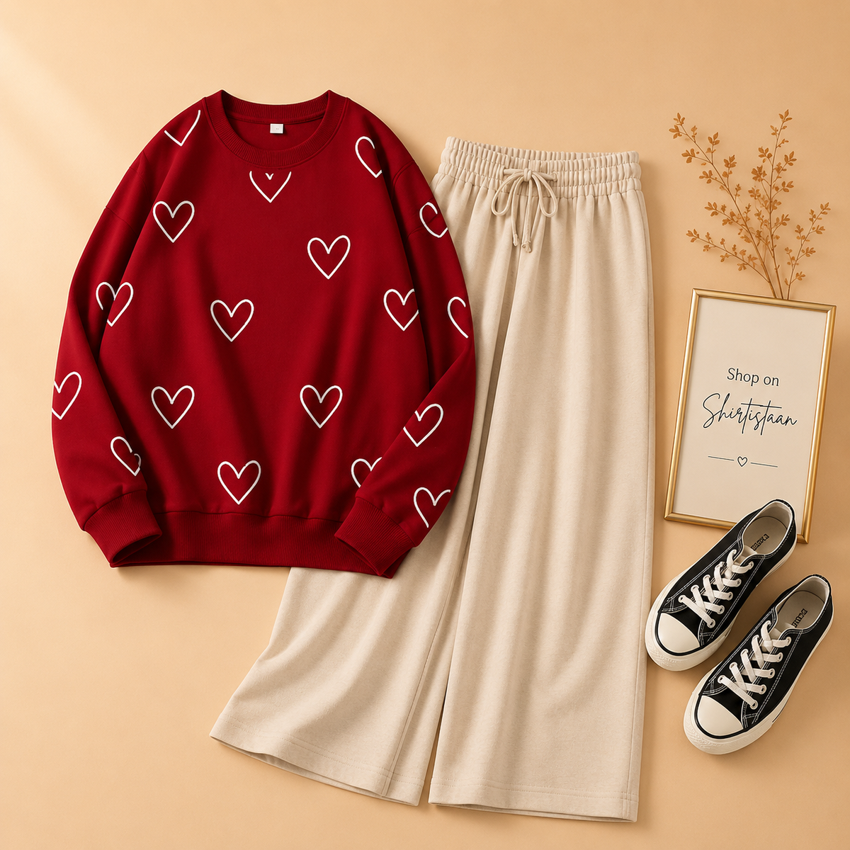 UNFILLED HEART RED SWEATSHIRT WITH BEIGE FLAPPER