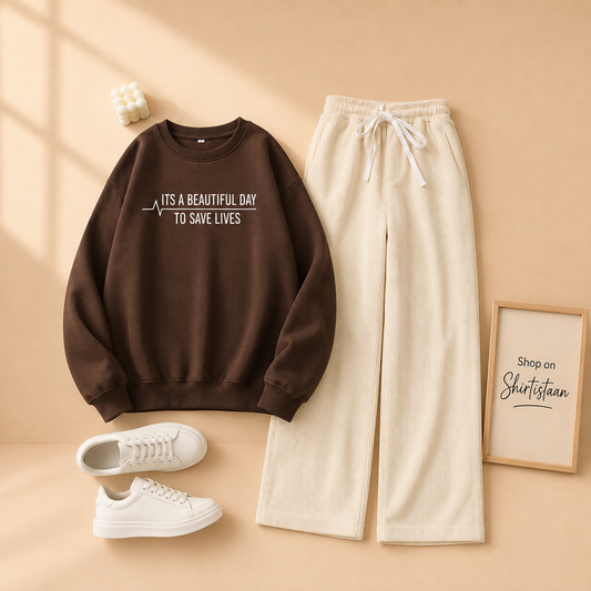 ITS A BEAUTIFUL DAY BROWN SWEATSHIRT WITH BEIGE FLAPPER