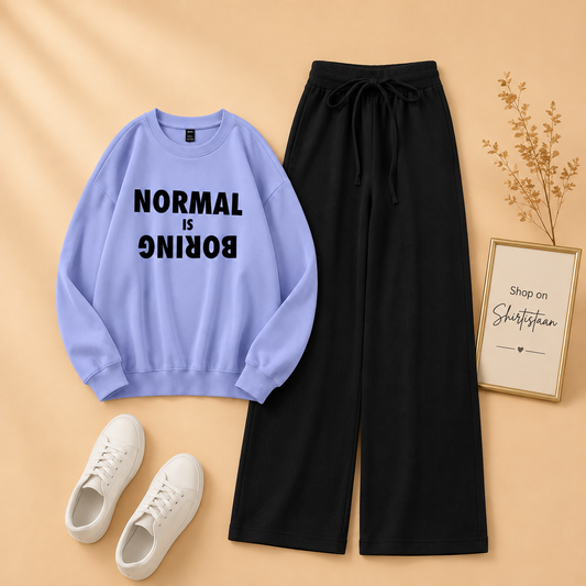 NORMAL IS BORING SKY BLUE SWEATSHIRT WITH BLACK FLAPPER